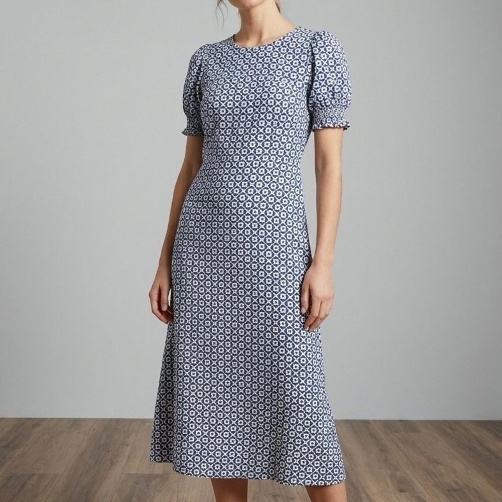 Boden Geometric Floral Puff Sleeve Midi Dress Pockets US 10R Retro Preppy Casual